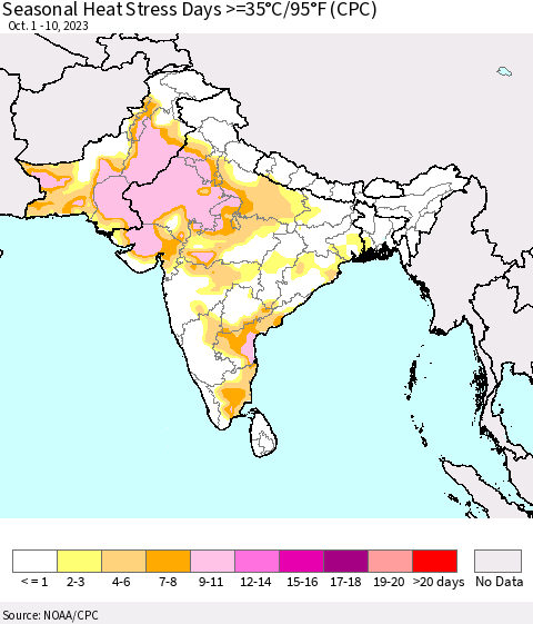 Southern Asia Seasonal Heat Stress Days >=35°C/95°F (CPC) Thematic Map For 10/1/2023 - 10/10/2023