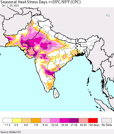 Southern Asia Seasonal Heat Stress Days >=35°C/95°F (CPC) Thematic Map For 10/1/2023 - 10/20/2023