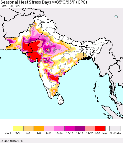 Southern Asia Seasonal Heat Stress Days >=35°C/95°F (CPC) Thematic Map For 10/1/2023 - 10/31/2023