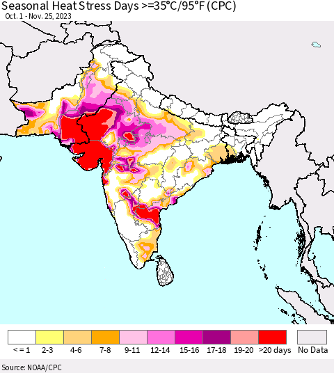 Southern Asia Seasonal Heat Stress Days >=35°C/95°F (CPC) Thematic Map For 10/1/2023 - 11/25/2023