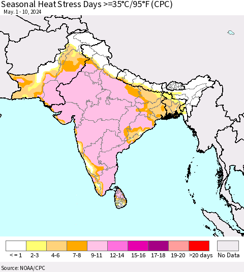 Southern Asia Seasonal Heat Stress Days >=35°C/95°F (CPC) Thematic Map For 5/1/2024 - 5/10/2024
