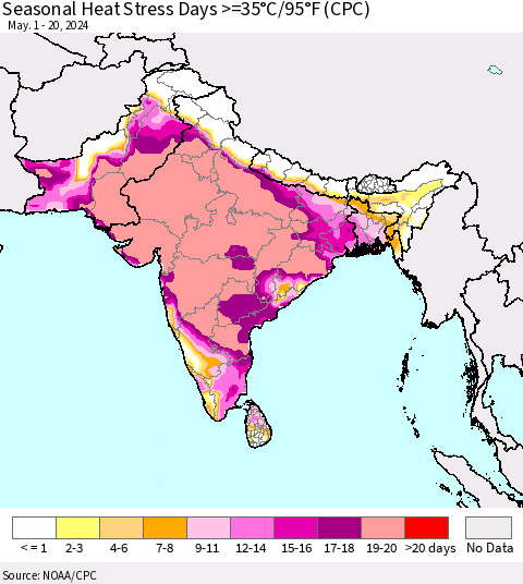 Southern Asia Seasonal Heat Stress Days >=35°C/95°F (CPC) Thematic Map For 5/1/2024 - 5/20/2024