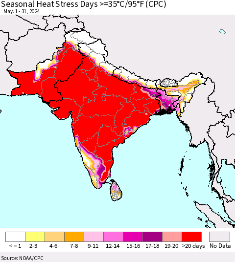 Southern Asia Seasonal Heat Stress Days >=35°C/95°F (CPC) Thematic Map For 5/1/2024 - 5/31/2024