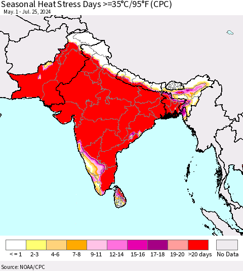 Southern Asia Seasonal Heat Stress Days >=35°C/95°F (CPC) Thematic Map For 5/1/2024 - 7/25/2024