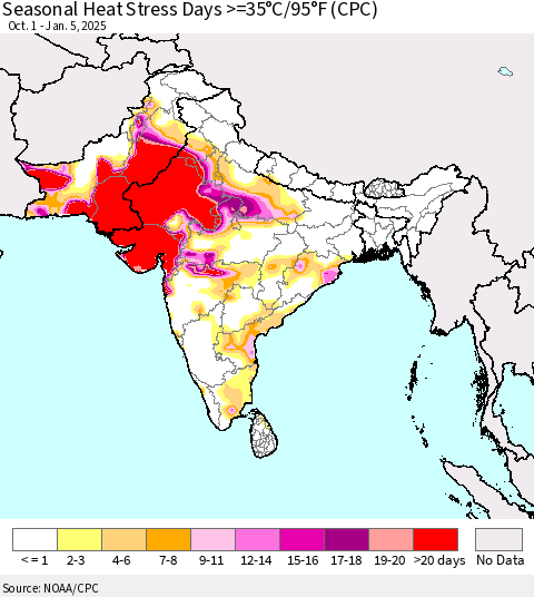 Southern Asia Seasonal Heat Stress Days >=35°C/95°F (CPC) Thematic Map For 10/1/2024 - 1/5/2025