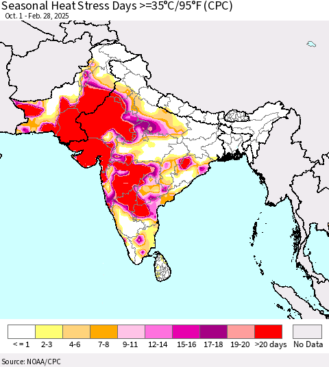 Southern Asia Seasonal Heat Stress Days >=35°C/95°F (CPC) Thematic Map For 10/1/2024 - 2/28/2025