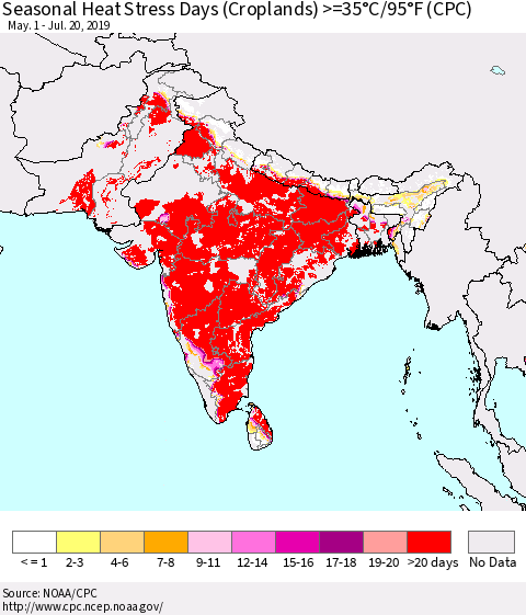 Southern Asia Seasonal Heat Stress Days (Croplands) >=35°C/95°F (CPC) Thematic Map For 5/1/2019 - 7/20/2019