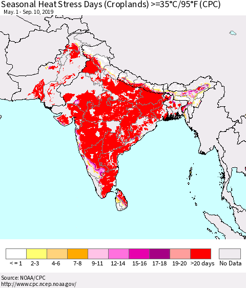 Southern Asia Seasonal Heat Stress Days (Croplands) >=35°C/95°F (CPC) Thematic Map For 5/1/2019 - 9/10/2019