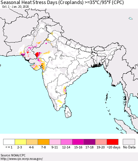 Southern Asia Seasonal Heat Stress Days (Croplands) >=35°C/95°F (CPC) Thematic Map For 10/1/2019 - 1/20/2020