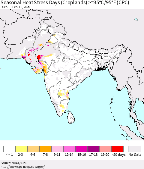 Southern Asia Seasonal Heat Stress Days (Croplands) >=35°C/95°F (CPC) Thematic Map For 10/1/2019 - 2/10/2020