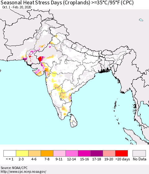 Southern Asia Seasonal Heat Stress Days (Croplands) >=35°C/95°F (CPC) Thematic Map For 10/1/2019 - 2/20/2020