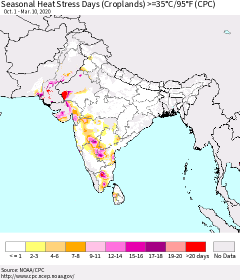 Southern Asia Seasonal Heat Stress Days (Croplands) >=35°C/95°F (CPC) Thematic Map For 10/1/2019 - 3/10/2020