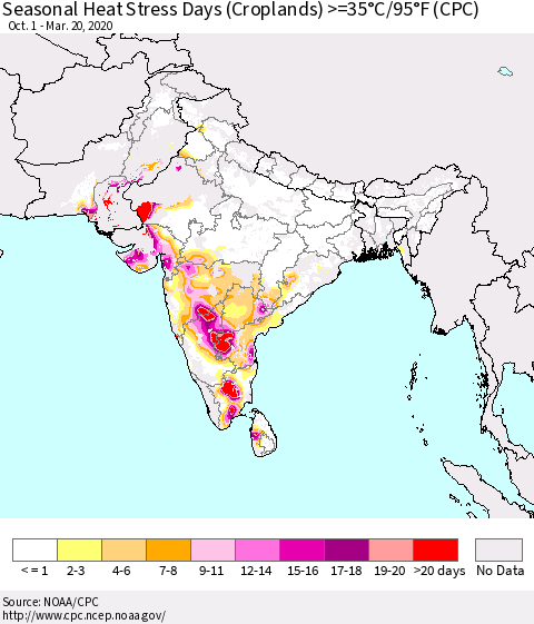 Southern Asia Seasonal Heat Stress Days (Croplands) >=35°C/95°F (CPC) Thematic Map For 10/1/2019 - 3/20/2020
