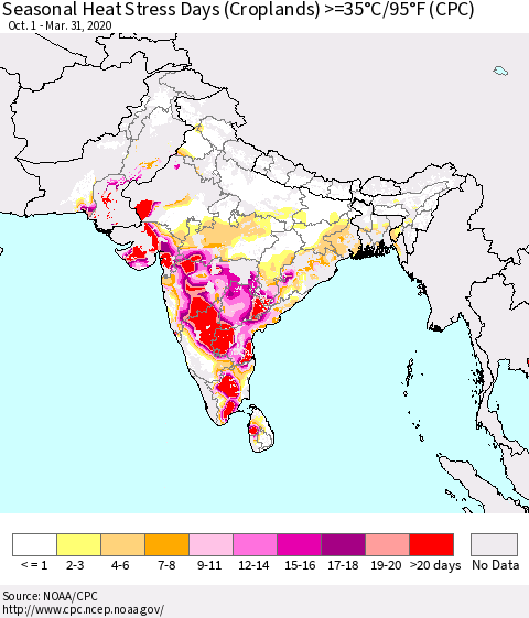 Southern Asia Seasonal Heat Stress Days (Croplands) >=35°C/95°F (CPC) Thematic Map For 10/1/2019 - 3/31/2020