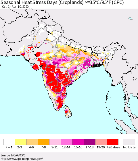 Southern Asia Seasonal Heat Stress Days (Croplands) >=35°C/95°F (CPC) Thematic Map For 10/1/2019 - 4/10/2020