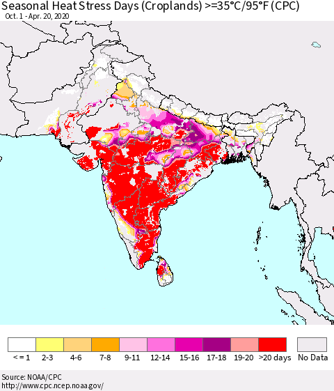 Southern Asia Seasonal Heat Stress Days (Croplands) >=35°C/95°F (CPC) Thematic Map For 10/1/2019 - 4/20/2020