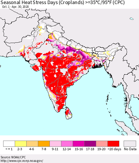 Southern Asia Seasonal Heat Stress Days (Croplands) >=35°C/95°F (CPC) Thematic Map For 10/1/2019 - 4/30/2020