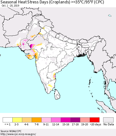 Southern Asia Seasonal Heat Stress Days (Croplands) >=35°C/95°F (CPC) Thematic Map For 10/1/2019 - 10/20/2019