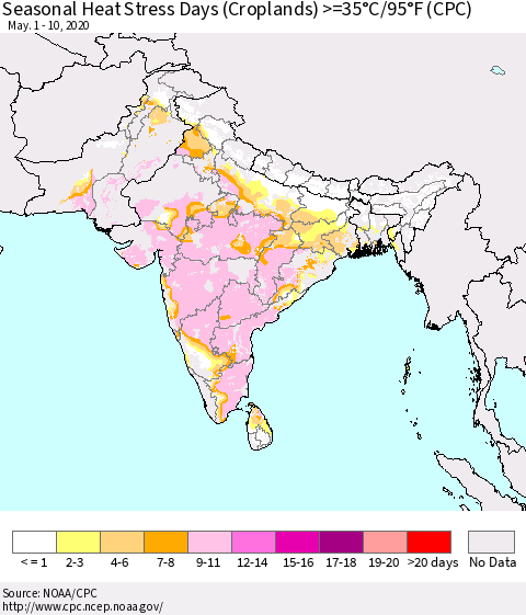Southern Asia Seasonal Heat Stress Days (Croplands) >=35°C/95°F (CPC) Thematic Map For 5/1/2020 - 5/10/2020
