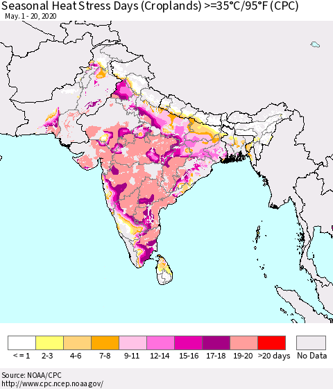 Southern Asia Seasonal Heat Stress Days (Croplands) >=35°C/95°F (CPC) Thematic Map For 5/1/2020 - 5/20/2020