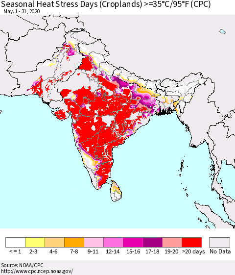 Southern Asia Seasonal Heat Stress Days (Croplands) >=35°C/95°F (CPC) Thematic Map For 5/1/2020 - 5/31/2020