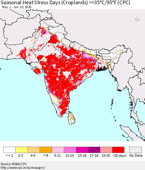 Southern Asia Seasonal Heat Stress Days (Croplands) >=35°C/95°F (CPC) Thematic Map For 5/1/2020 - 6/10/2020