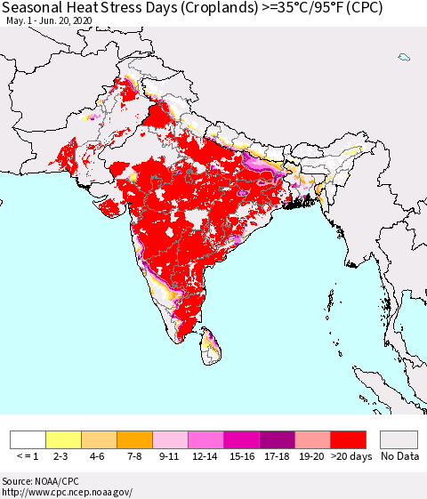 Southern Asia Seasonal Heat Stress Days (Croplands) >=35°C/95°F (CPC) Thematic Map For 5/1/2020 - 6/20/2020