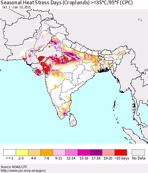 Southern Asia Seasonal Heat Stress Days (Croplands) >=35°C/95°F (CPC) Thematic Map For 10/1/2020 - 1/10/2021
