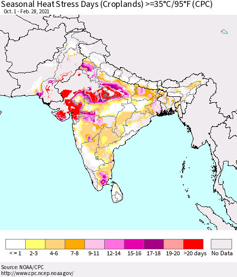 Southern Asia Seasonal Heat Stress Days (Croplands) >=35°C/95°F (CPC) Thematic Map For 10/1/2020 - 2/28/2021