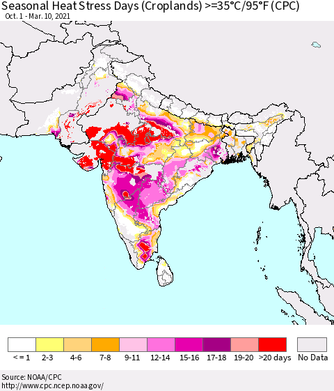 Southern Asia Seasonal Heat Stress Days (Croplands) >=35°C/95°F (CPC) Thematic Map For 10/1/2020 - 3/10/2021