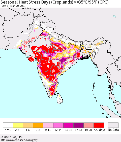 Southern Asia Seasonal Heat Stress Days (Croplands) >=35°C/95°F (CPC) Thematic Map For 10/1/2020 - 3/20/2021