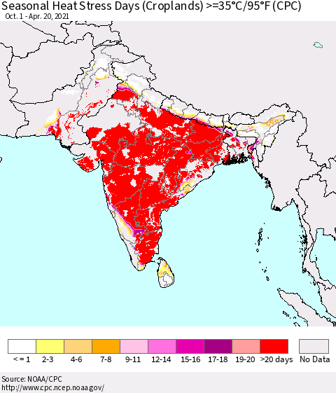Southern Asia Seasonal Heat Stress Days (Croplands) >=35°C/95°F (CPC) Thematic Map For 10/1/2020 - 4/20/2021