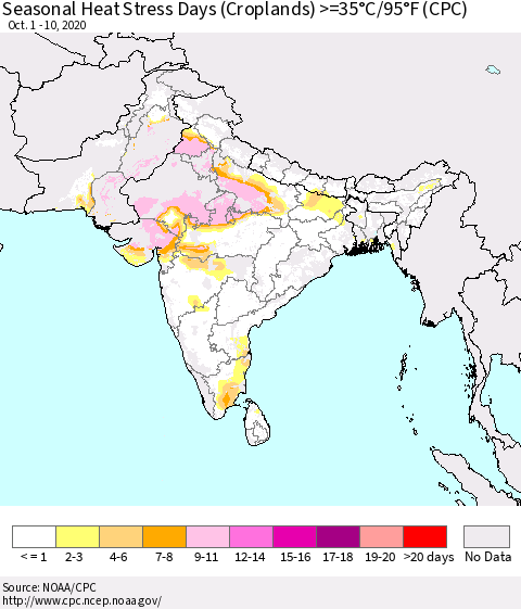 Southern Asia Seasonal Heat Stress Days (Croplands) >=35°C/95°F (CPC) Thematic Map For 10/1/2020 - 10/10/2020