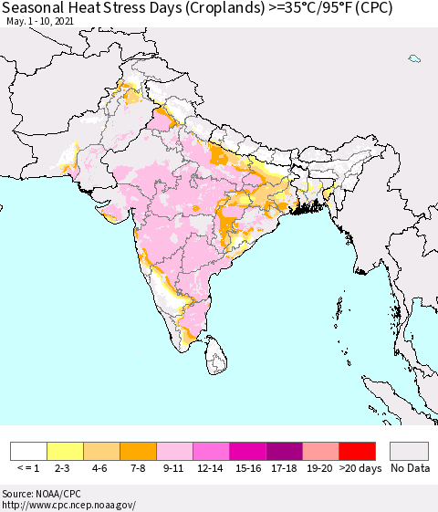 Southern Asia Seasonal Heat Stress Days (Croplands) >=35°C/95°F (CPC) Thematic Map For 5/1/2021 - 5/10/2021