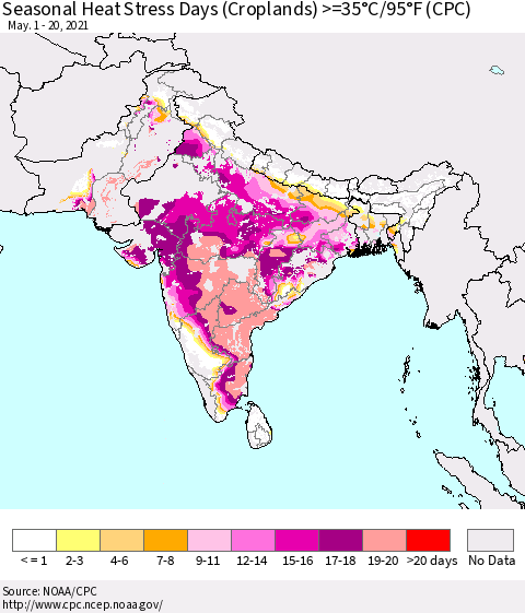 Southern Asia Seasonal Heat Stress Days (Croplands) >=35°C/95°F (CPC) Thematic Map For 5/1/2021 - 5/20/2021