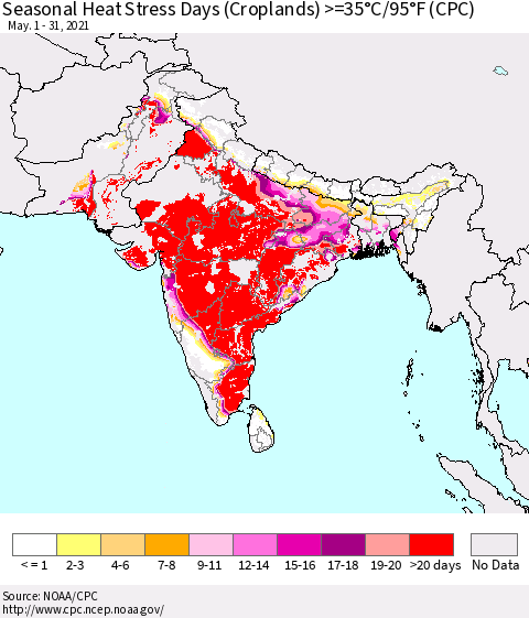 Southern Asia Seasonal Heat Stress Days (Croplands) >=35°C/95°F (CPC) Thematic Map For 5/1/2021 - 5/31/2021
