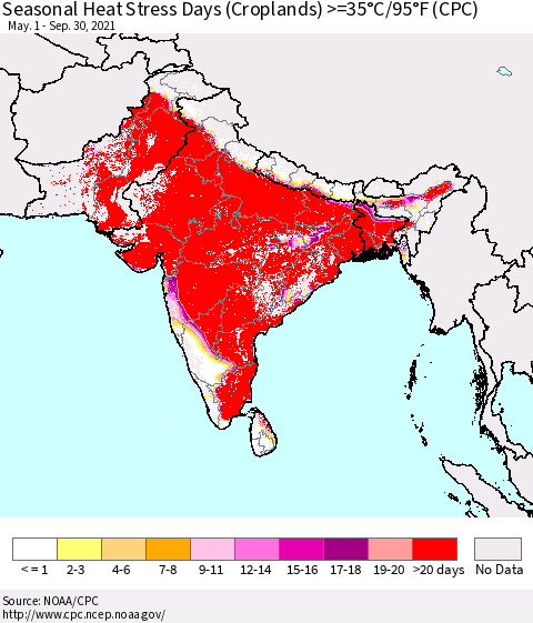 Southern Asia Seasonal Heat Stress Days (Croplands) >=35°C/95°F (CPC) Thematic Map For 5/1/2021 - 9/30/2021