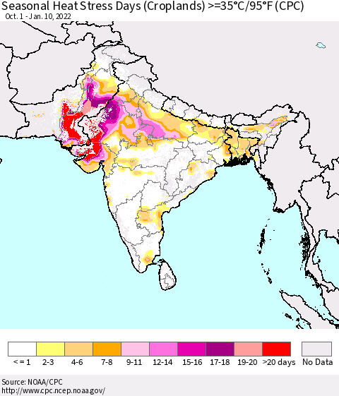 Southern Asia Seasonal Heat Stress Days (Croplands) >=35°C/95°F (CPC) Thematic Map For 10/1/2021 - 1/10/2022