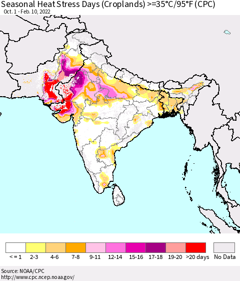 Southern Asia Seasonal Heat Stress Days (Croplands) >=35°C/95°F (CPC) Thematic Map For 10/1/2021 - 2/10/2022