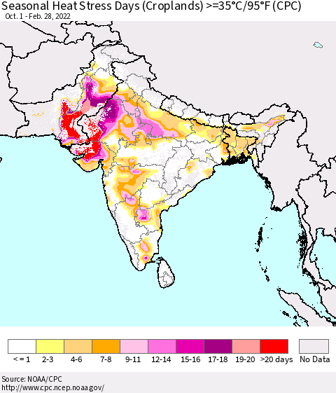Southern Asia Seasonal Heat Stress Days (Croplands) >=35°C/95°F (CPC) Thematic Map For 10/1/2021 - 2/28/2022