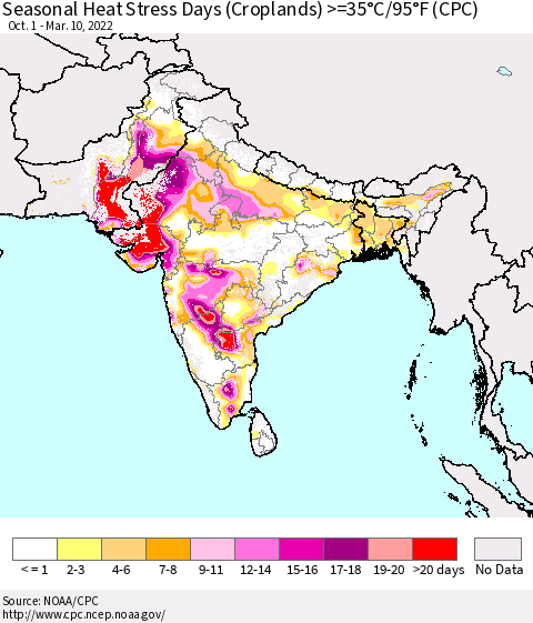Southern Asia Seasonal Heat Stress Days (Croplands) >=35°C/95°F (CPC) Thematic Map For 10/1/2021 - 3/10/2022