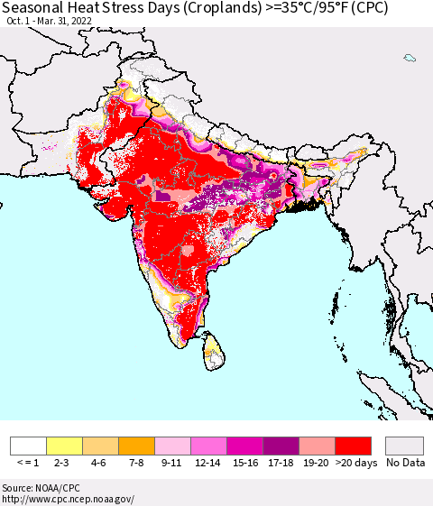Southern Asia Seasonal Heat Stress Days (Croplands) >=35°C/95°F (CPC) Thematic Map For 10/1/2021 - 3/31/2022