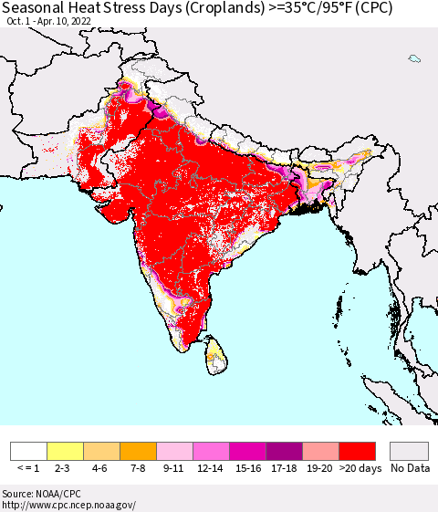 Southern Asia Seasonal Heat Stress Days (Croplands) >=35°C/95°F (CPC) Thematic Map For 10/1/2021 - 4/10/2022