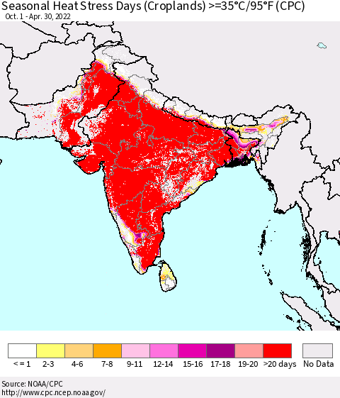 Southern Asia Seasonal Heat Stress Days (Croplands) >=35°C/95°F (CPC) Thematic Map For 10/1/2021 - 4/30/2022