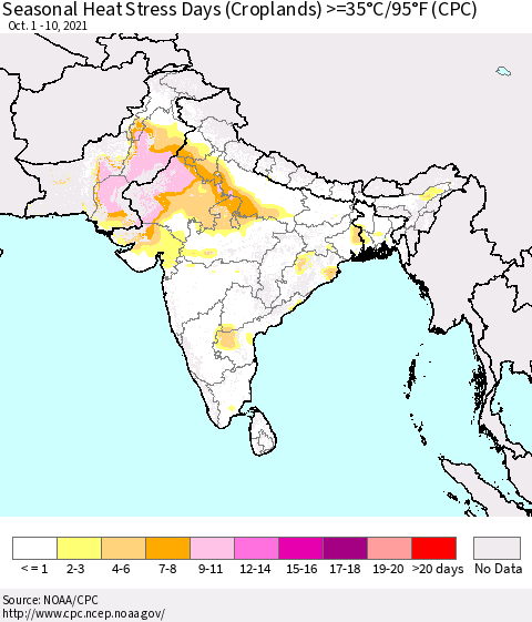 Southern Asia Seasonal Heat Stress Days (Croplands) >=35°C/95°F (CPC) Thematic Map For 10/1/2021 - 10/10/2021