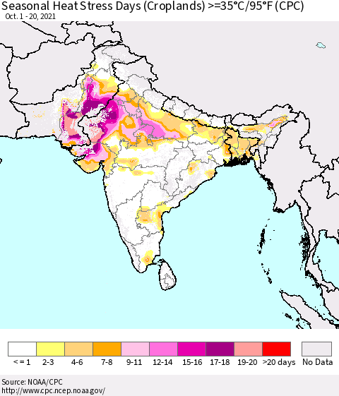 Southern Asia Seasonal Heat Stress Days (Croplands) >=35°C/95°F (CPC) Thematic Map For 10/1/2021 - 10/20/2021