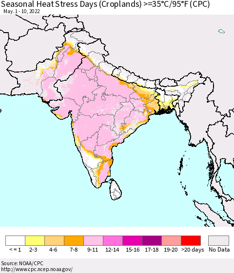 Southern Asia Seasonal Heat Stress Days (Croplands) >=35°C/95°F (CPC) Thematic Map For 5/1/2022 - 5/10/2022