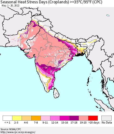 Southern Asia Seasonal Heat Stress Days (Croplands) >=35°C/95°F (CPC) Thematic Map For 5/1/2022 - 5/20/2022