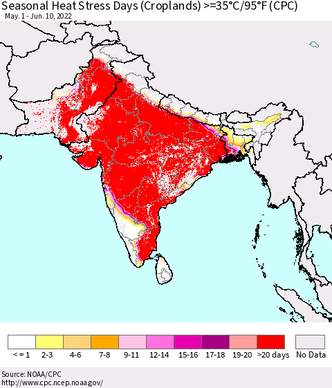 Southern Asia Seasonal Heat Stress Days (Croplands) >=35°C/95°F (CPC) Thematic Map For 5/1/2022 - 6/10/2022