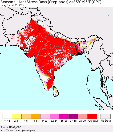 Southern Asia Seasonal Heat Stress Days (Croplands) >=35°C/95°F (CPC) Thematic Map For 5/1/2022 - 7/20/2022